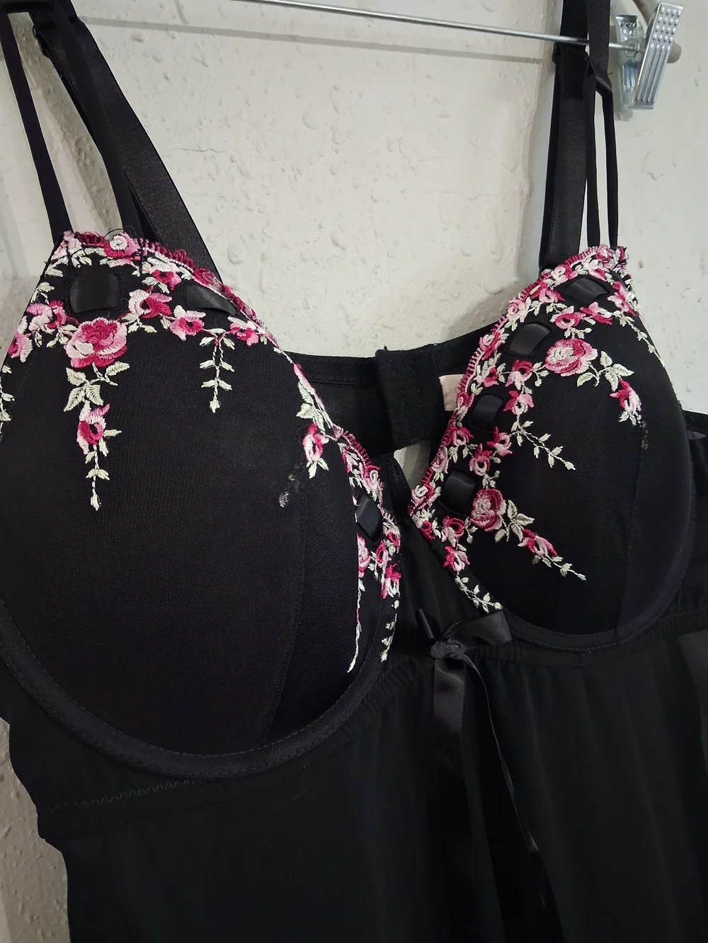 Cacique Black Chemise with Pink Floral Embroidery - Picture 2 of 8